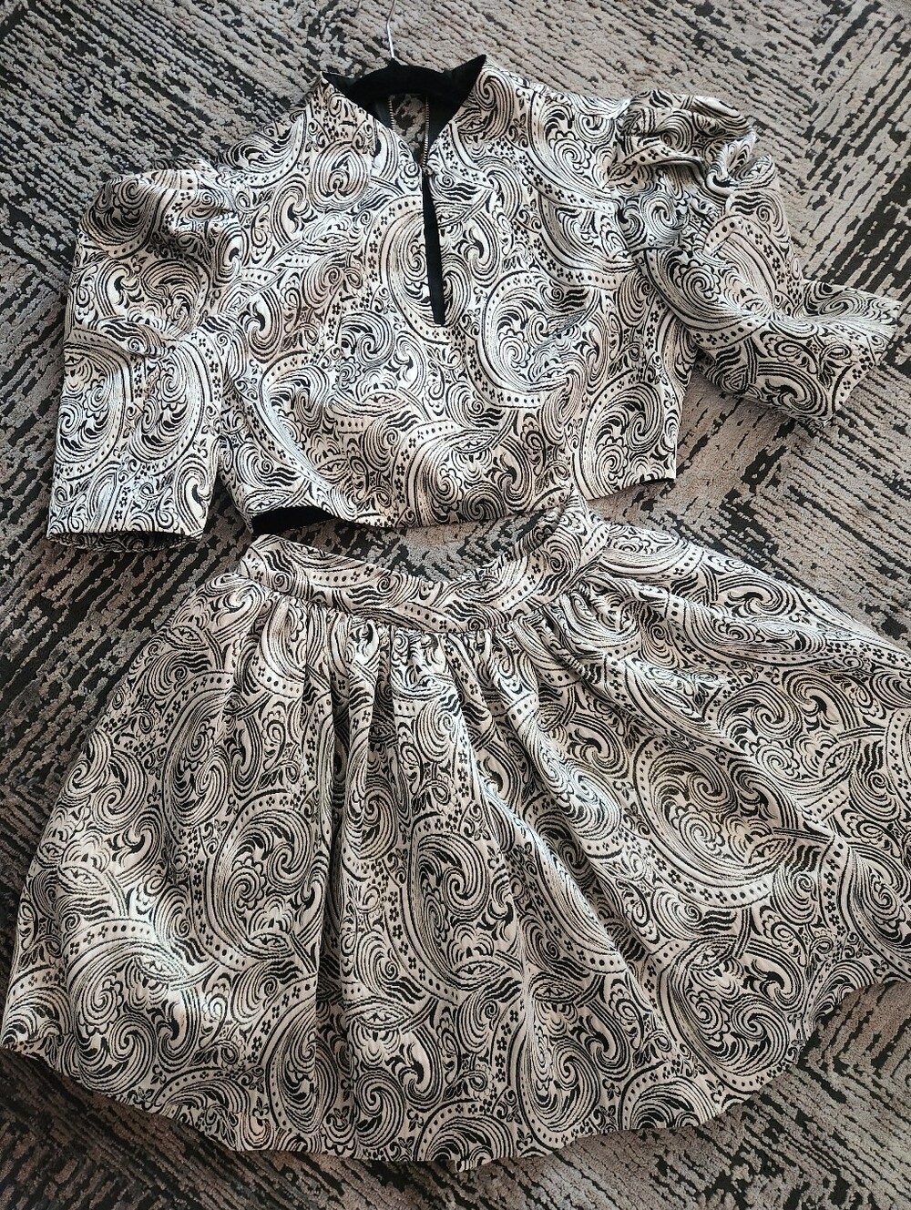 Bebe Black & Gold Paisley Two-Piece Skirt Set, Top Size 8, Skirt Size  6